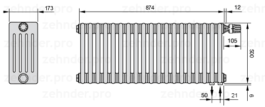 Схема (чертеж) Радиатор Zehnder Charleston 5050/19 №V002 Белый глянцевый RAL 9016
